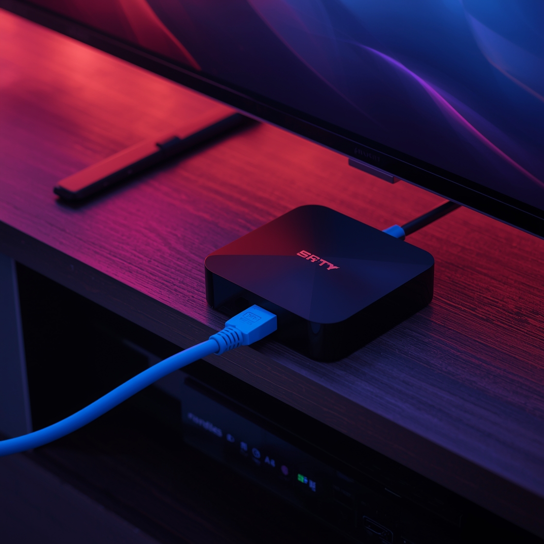 Android TV box connected via ethernet cable for stable 4K IPTV streaming